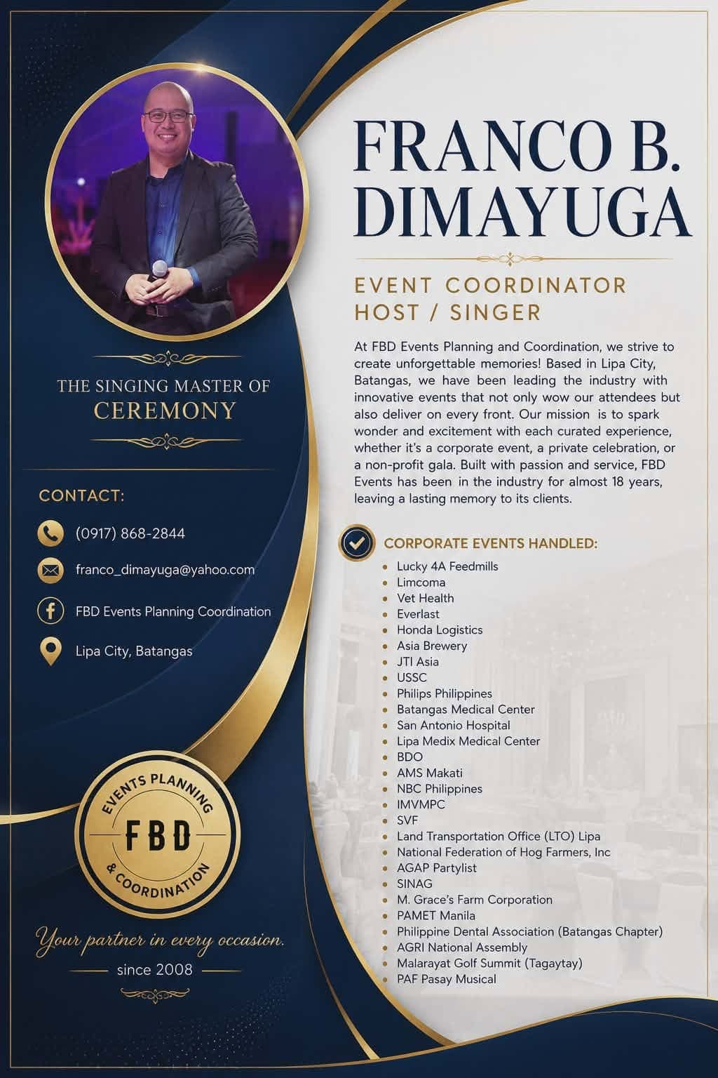 Franco B. Dimayuga — event coordinator, host, and singer